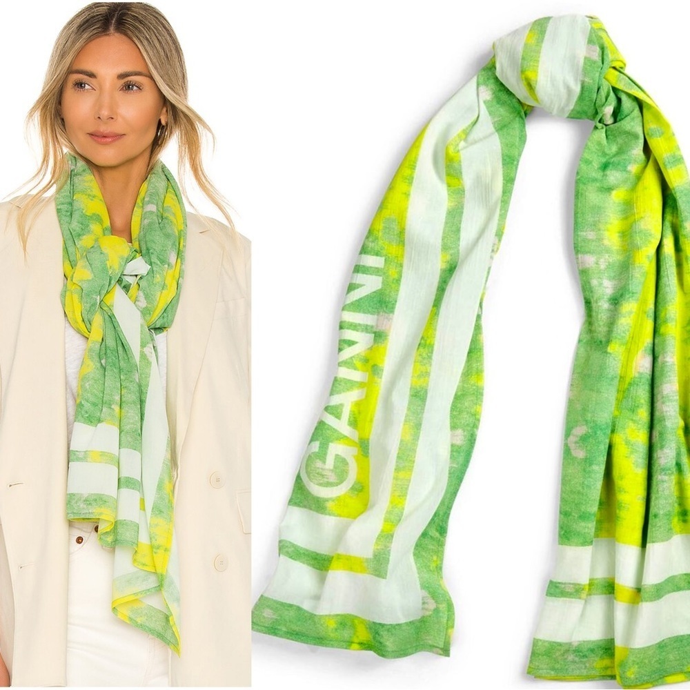 NWT Ganni Tie-dye Voile Scarf organic cotton green and yellow